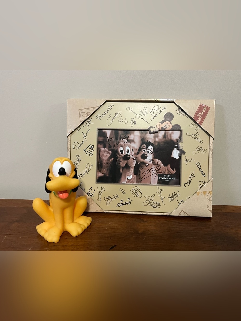 Vintage Disney Pluto Bath Toy + Disney Parks Autograph Photo Frame w/ Mickey NEW